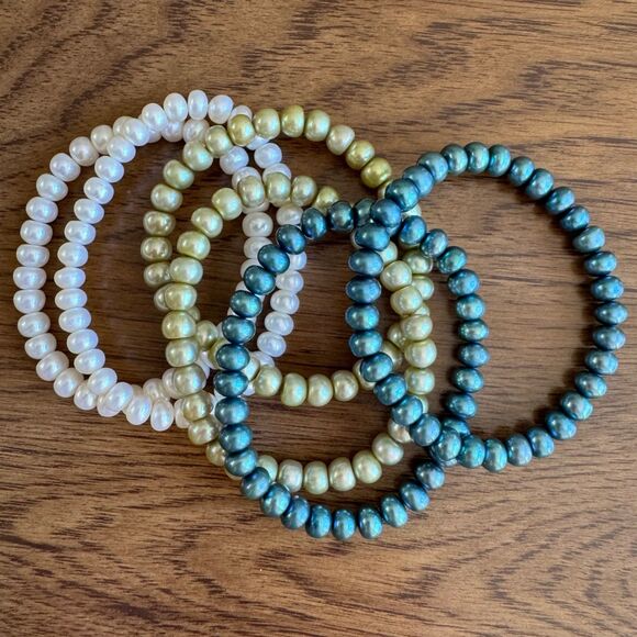 Honora Pearl Stretch Bracelets Set Of 6 Blue Green White Cool Tones Vintage - Picture 9 of 10